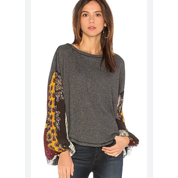 FREE PEOPLE Blossom Thermal Top Small Charcoal Waffle Knit Pieced Full Sleeves - Picture 2 of 11